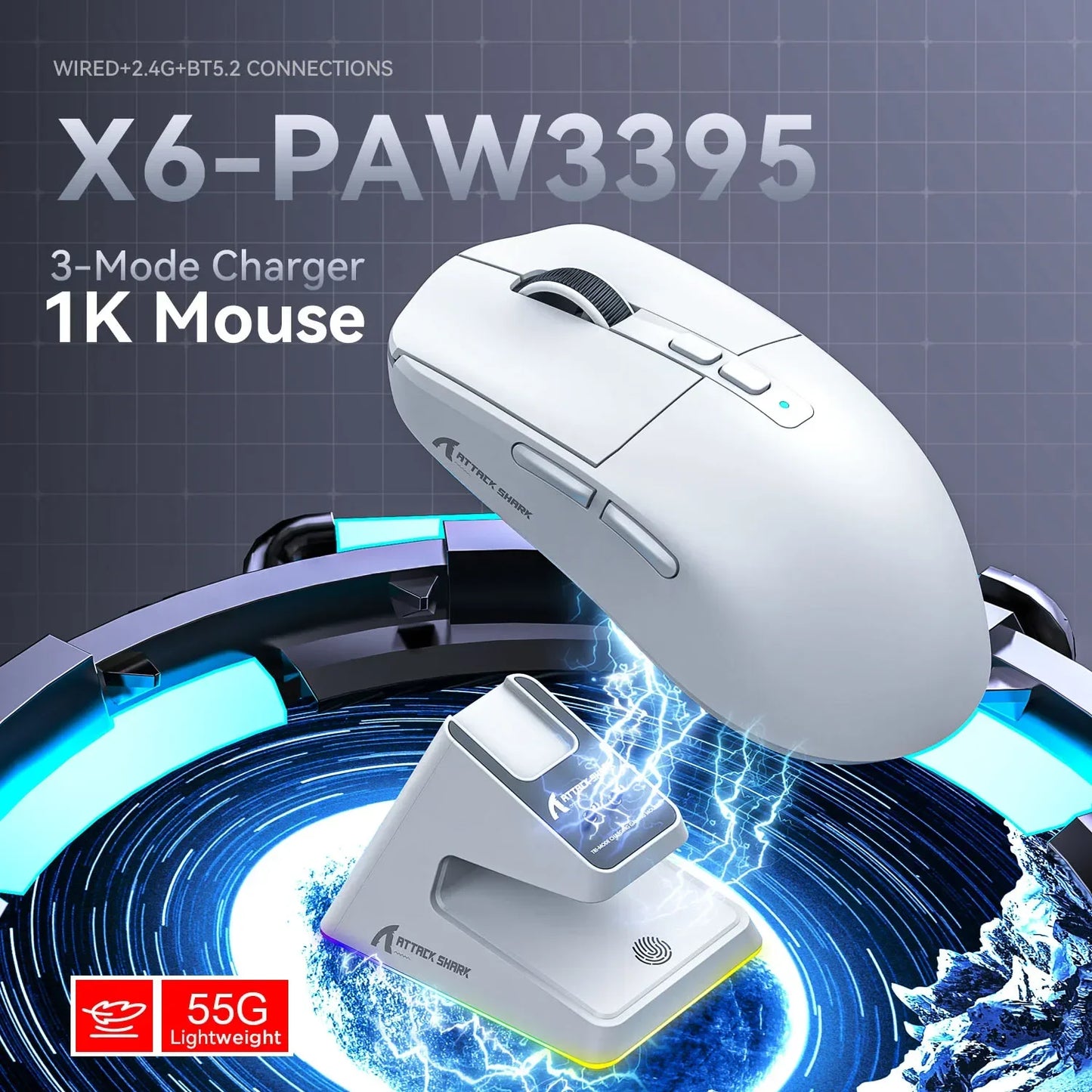 Attack Shark X6 PAW3395 2.4G Wireless Bluetooth Mouse Tri-Mode Connectivity  RGB Touch Magnetic Charging Dock Macro Gaming Mouse