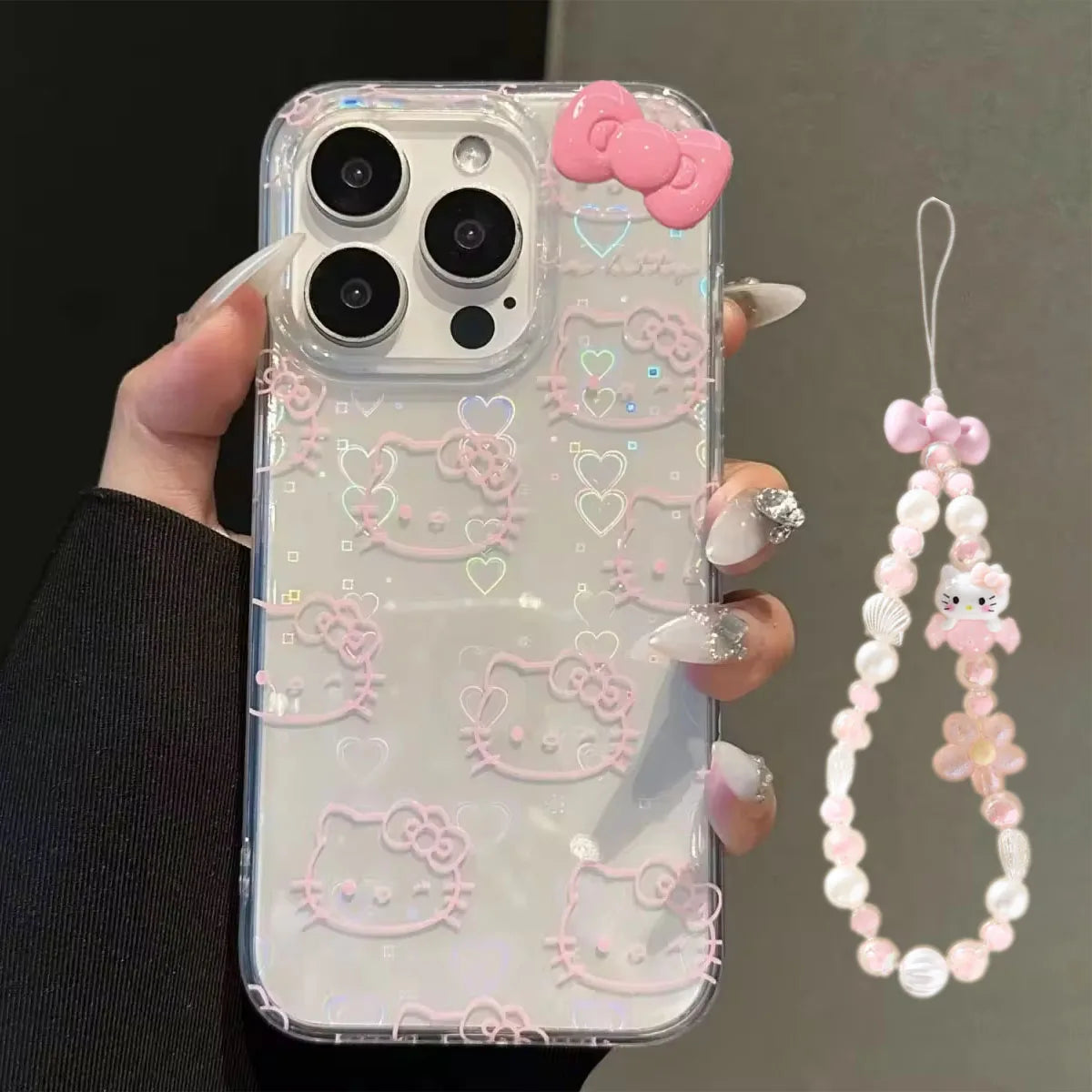 Sanrio Hello Kitty Bow Kawaii Holder Phone Case For iPhone 16 15 14 12 13 11 Pro Max XR XS MAX 7 8 PLUS MINI Y2K Bow Laser Cover