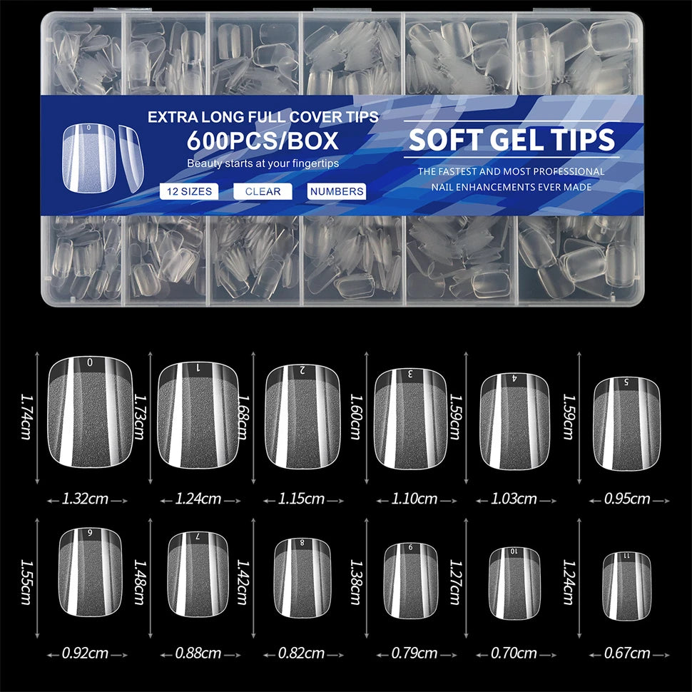 600 PCS Soft Gel X Nail Tips Supplies,Full Cover False Nail Tips for Acrylic Nails Gel,Extra Short Almond Nail Tip Square Medium