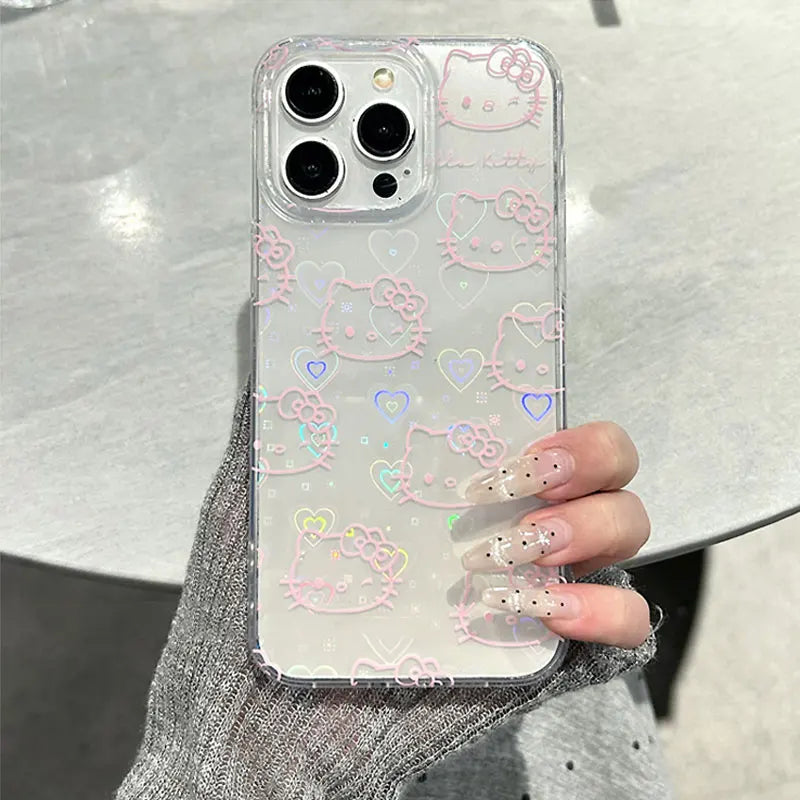 Sanrio Hello Kitty Bow Kawaii Holder Phone Case For iPhone 16 15 14 12 13 11 Pro Max XR XS MAX 7 8 PLUS MINI Y2K Bow Laser Cover