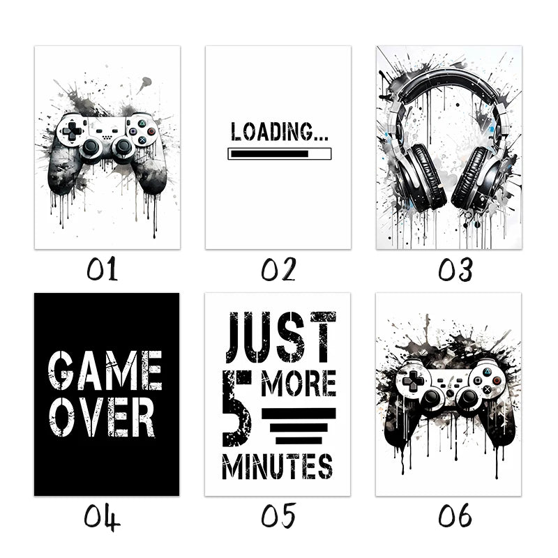 Black White Game Controller Wall Art Posters and Prints Canvas Paintings Mural Pictures for Playroom Decor Gaming Players Gift