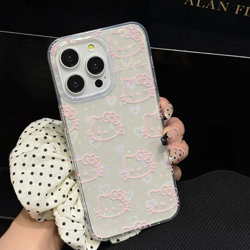 Sanrio Hello Kitty Bow Kawaii Holder Phone Case For iPhone 16 15 14 12 13 11 Pro Max XR XS MAX 7 8 PLUS MINI Y2K Bow Laser Cover