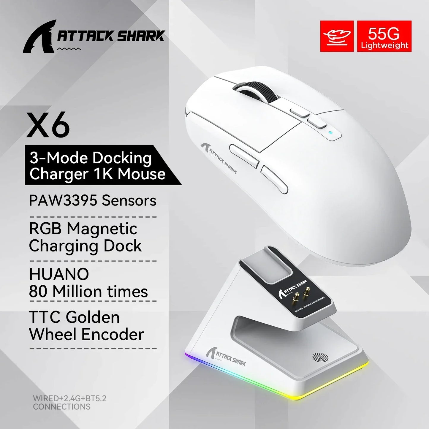 Attack Shark X6 PAW3395 2.4G Wireless Bluetooth Mouse Tri-Mode Connectivity  RGB Touch Magnetic Charging Dock Macro Gaming Mouse