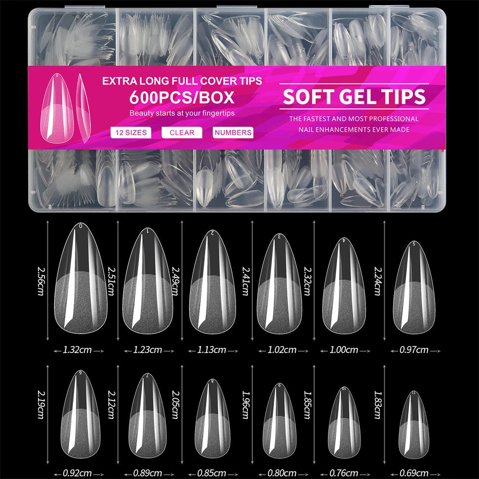 600 PCS Soft Gel X Nail Tips Supplies,Full Cover False Nail Tips for Acrylic Nails Gel,Extra Short Almond Nail Tip Square Medium