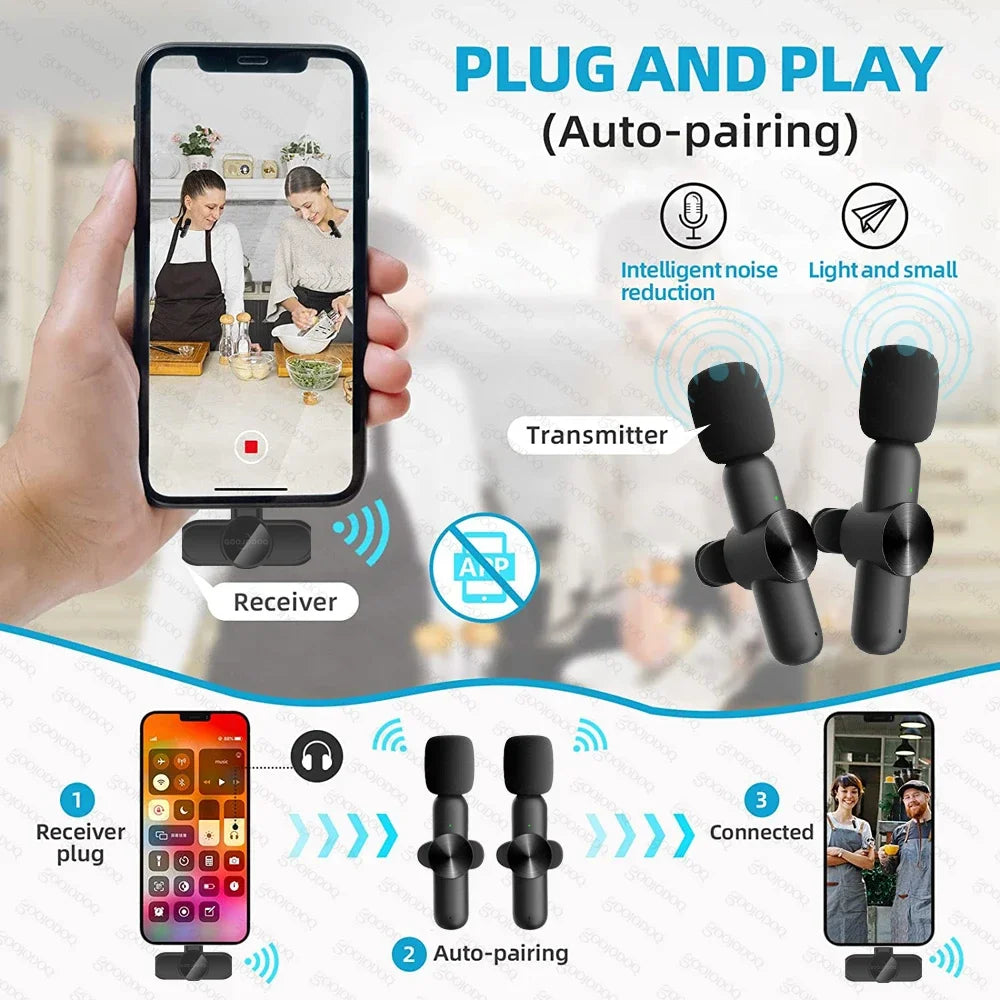 Wireless Lavalier Microphone Audio Video Recording Mini Microphone for iPhone Android Phone Live Broadcast Gaming Mic Portable