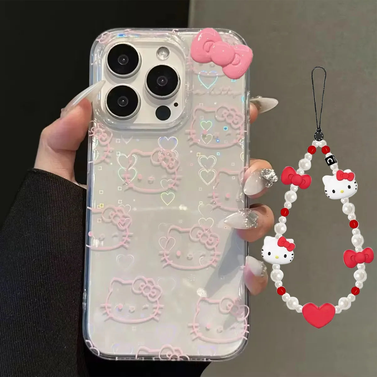 Sanrio Hello Kitty Bow Kawaii Holder Phone Case For iPhone 16 15 14 12 13 11 Pro Max XR XS MAX 7 8 PLUS MINI Y2K Bow Laser Cover