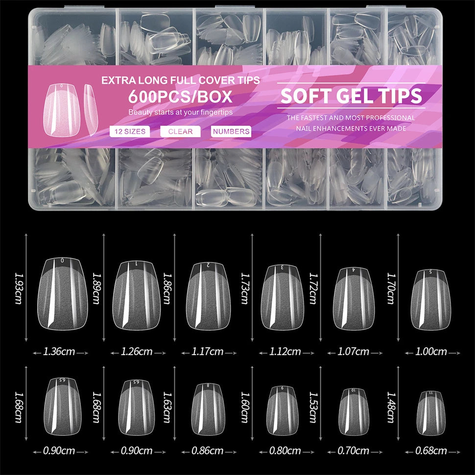 600 PCS Soft Gel X Nail Tips Supplies,Full Cover False Nail Tips for Acrylic Nails Gel,Extra Short Almond Nail Tip Square Medium