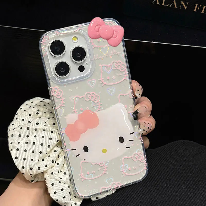 Sanrio Hello Kitty Bow Kawaii Holder Phone Case For iPhone 16 15 14 12 13 11 Pro Max XR XS MAX 7 8 PLUS MINI Y2K Bow Laser Cover