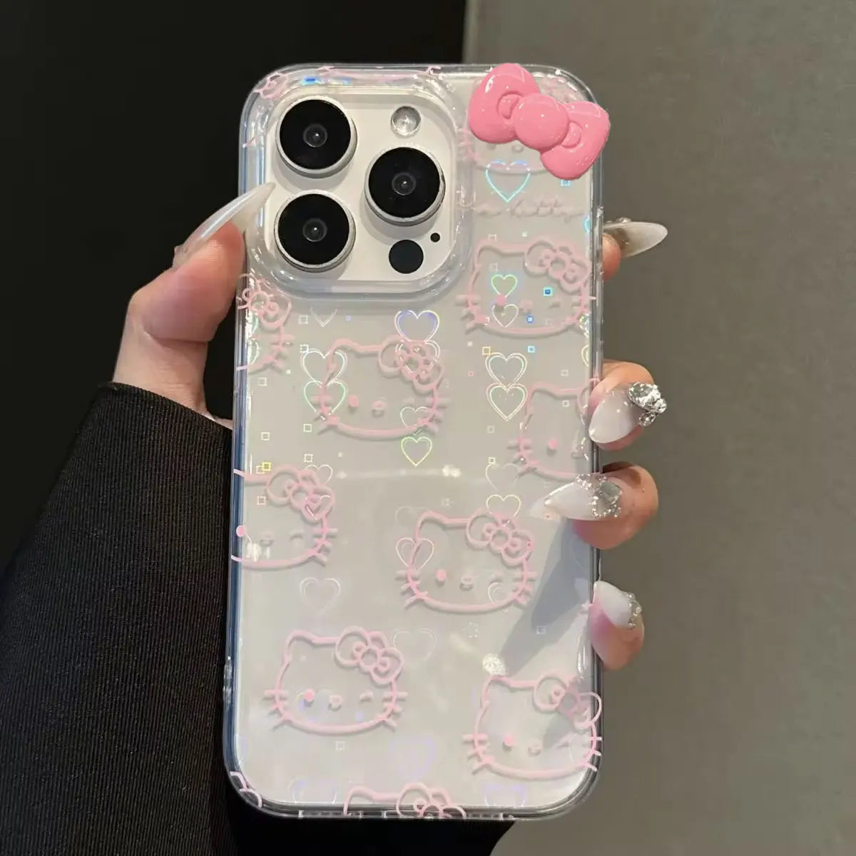 Sanrio Hello Kitty Bow Kawaii Holder Phone Case For iPhone 16 15 14 12 13 11 Pro Max XR XS MAX 7 8 PLUS MINI Y2K Bow Laser Cover