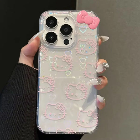 Sanrio Hello Kitty Bow Kawaii Holder Phone Case For iPhone 16 15 14 12 13 11 Pro Max XR XS MAX 7 8 PLUS MINI Y2K Bow Laser Cover