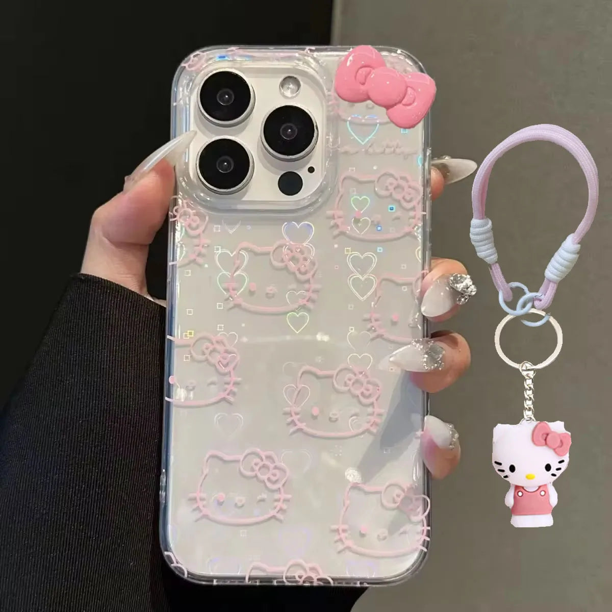 Sanrio Hello Kitty Bow Kawaii Holder Phone Case For iPhone 16 15 14 12 13 11 Pro Max XR XS MAX 7 8 PLUS MINI Y2K Bow Laser Cover