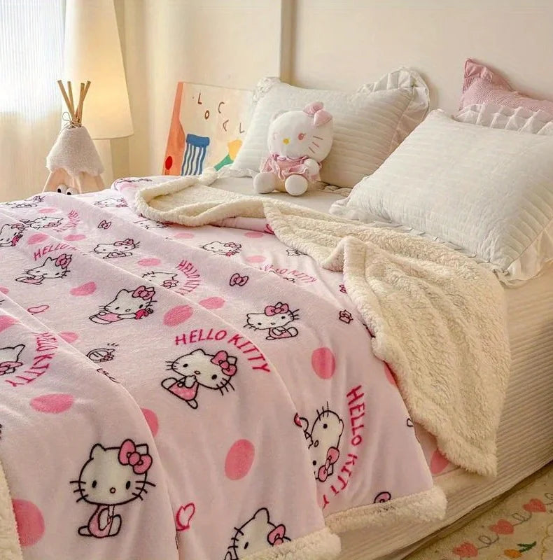 Hello Kitty Plush Double-Layered Throw Blanket - Soft, Reversible, Machine Washable, All-Season Cozy Fleece for Couch & Bed,