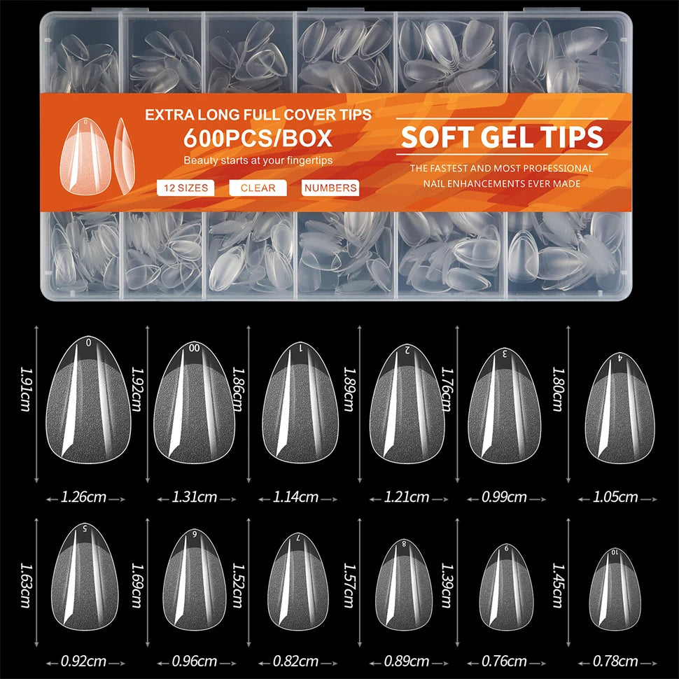 600 PCS Soft Gel X Nail Tips Supplies,Full Cover False Nail Tips for Acrylic Nails Gel,Extra Short Almond Nail Tip Square Medium