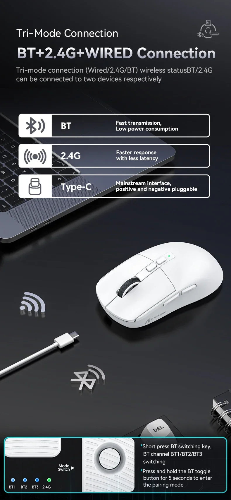 Attack Shark X6 PAW3395 2.4G Wireless Bluetooth Mouse Tri-Mode Connectivity  RGB Touch Magnetic Charging Dock Macro Gaming Mouse