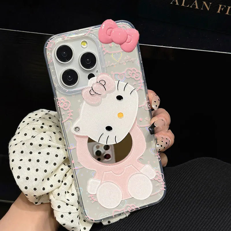 Sanrio Hello Kitty Bow Kawaii Holder Phone Case For iPhone 16 15 14 12 13 11 Pro Max XR XS MAX 7 8 PLUS MINI Y2K Bow Laser Cover